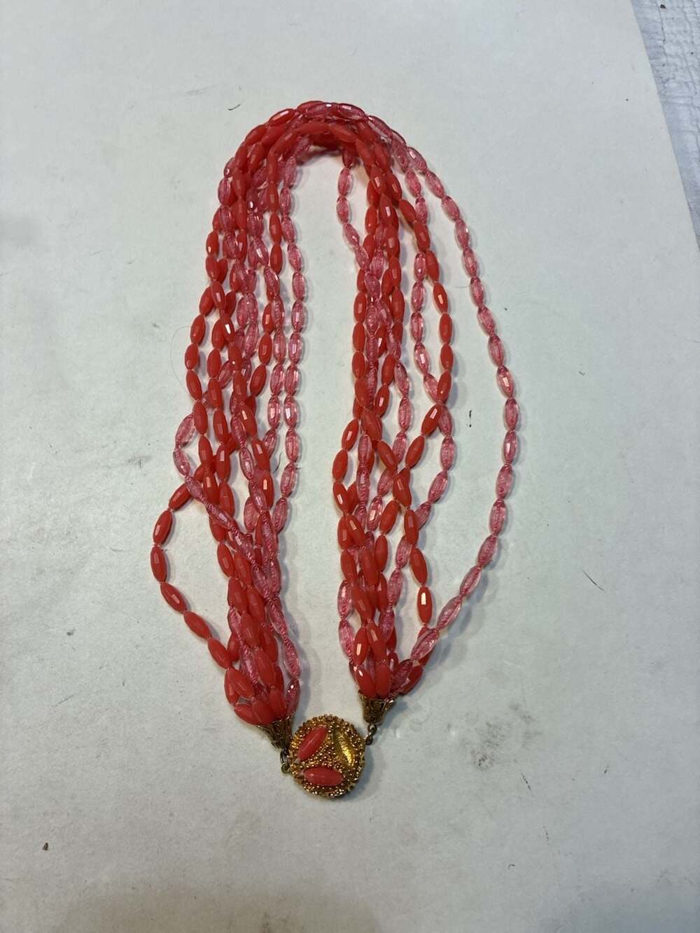 Vintage Multi Strand Pink And Coral Beaded Statement Necklace